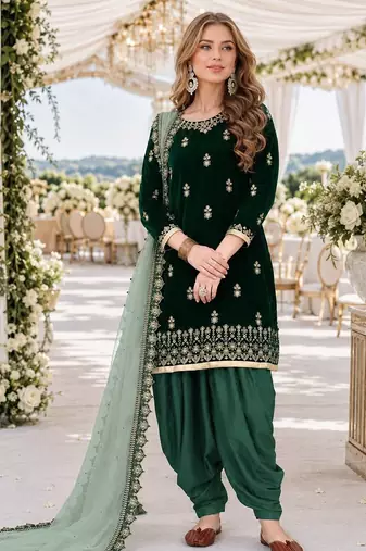 green embroidered velvet semi stitched patiyala suit