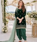 green embroidered velvet semi stitched patiyala suit