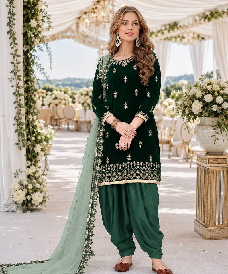 green embroidered velvet semi stitched patiyala suit