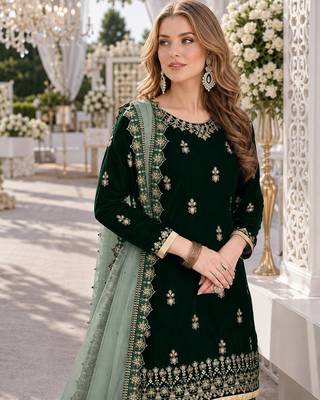green embroidered velvet semi stitched patiyala suit 2