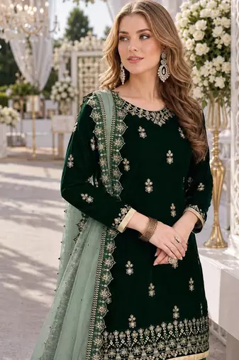 green embroidered velvet semi stitched patiyala suit