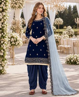 navy blue embroidered velvet semi stitched patiyala suit 1