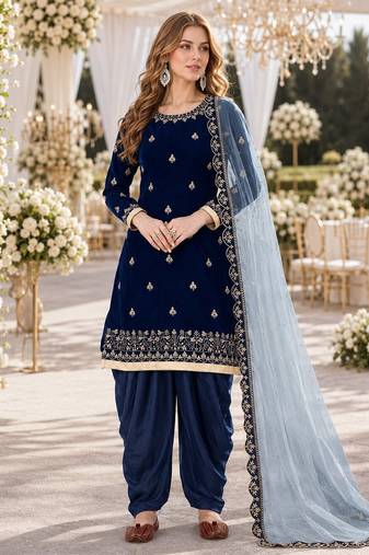 navy blue embroidered velvet semi stitched patiyala suit