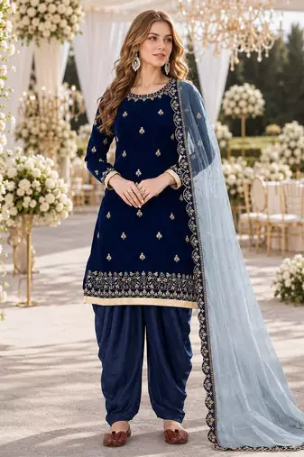 navy blue embroidered velvet semi stitched patiyala suit