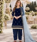 navy blue embroidered velvet semi stitched patiyala suit