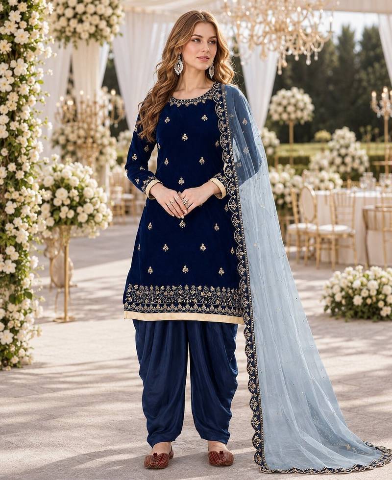 navy blue embroidered velvet semi stitched patiyala suit