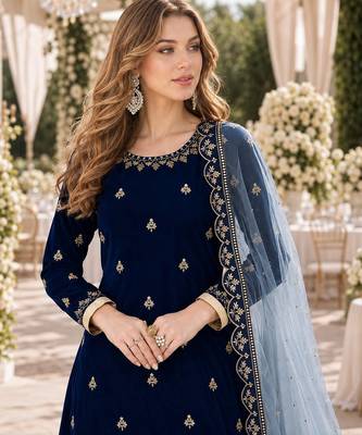 navy blue embroidered velvet semi stitched patiyala suit 2