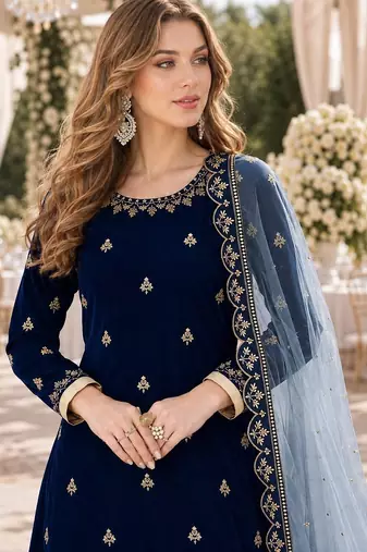 navy blue embroidered velvet semi stitched patiyala suit