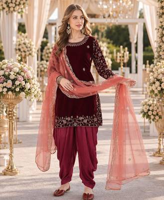 maroon embroidered velvet semi stitched anarkali suit 1