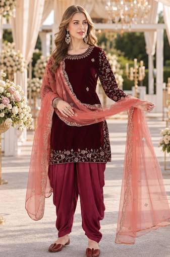 maroon embroidered velvet semi stitched anarkali suit