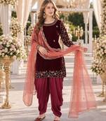 maroon embroidered velvet semi stitched anarkali suit