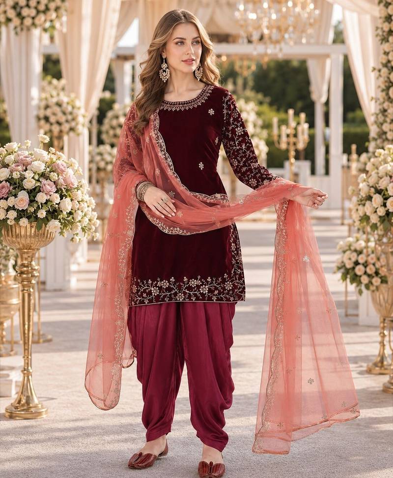 maroon embroidered velvet semi stitched anarkali suit