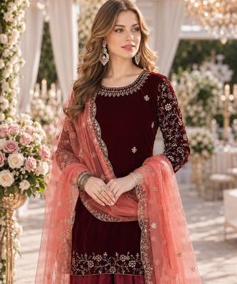 maroon embroidered velvet semi stitched anarkali suit 2