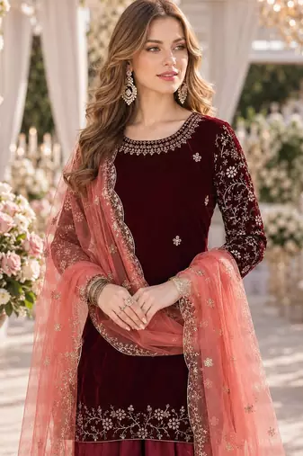 maroon embroidered velvet semi stitched anarkali suit