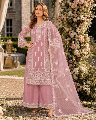 pink embroidered net semi stitched plazzo suit 1