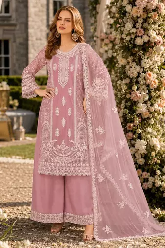 pink embroidered net semi stitched plazzo suit