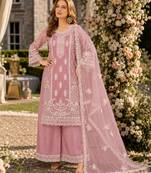 pink embroidered net semi stitched plazzo suit