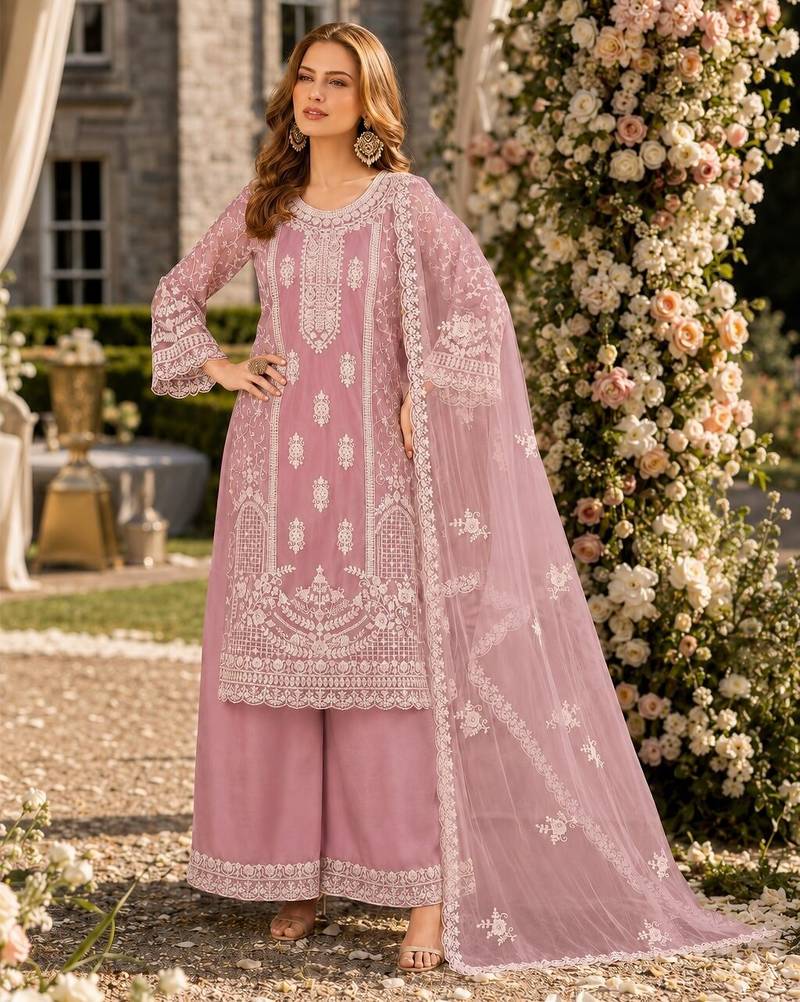 pink embroidered net semi stitched plazzo suit