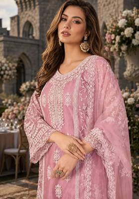 pink embroidered net semi stitched plazzo suit 2