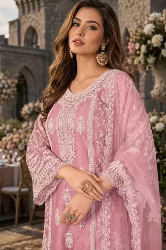 pink embroidered net semi stitched plazzo suit