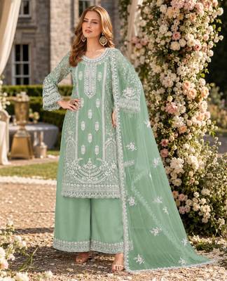 light green embroidered net semi stitched plazzo suit 1