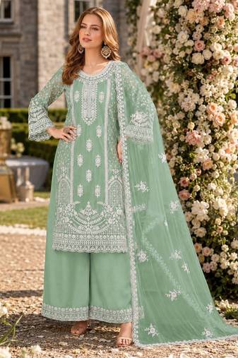 light green embroidered net semi stitched plazzo suit