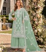 light green embroidered net semi stitched plazzo suit