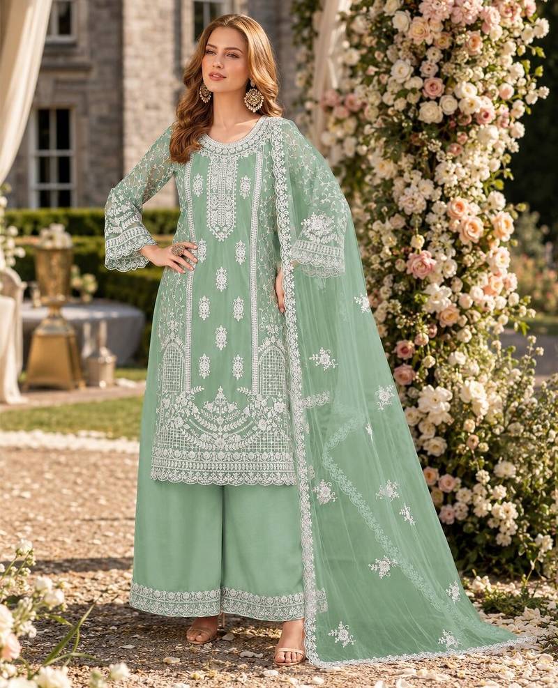 light green embroidered net semi stitched plazzo suit