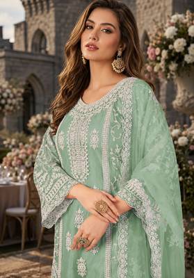 light green embroidered net semi stitched plazzo suit 2