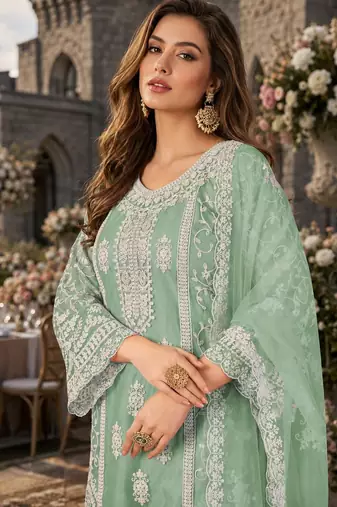 light green embroidered net semi stitched plazzo suit