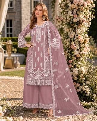 purple embroidered net semi stitched plazzo suit 1
