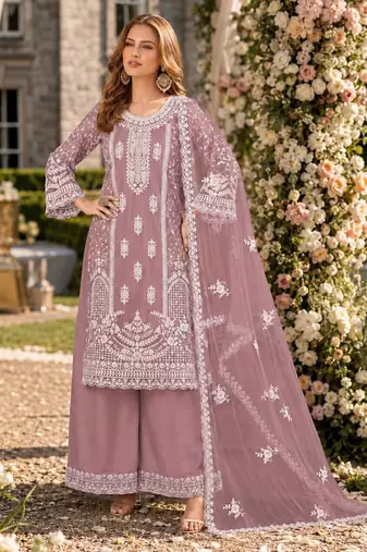 purple embroidered net semi stitched plazzo suit
