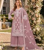 purple embroidered net semi stitched plazzo suit