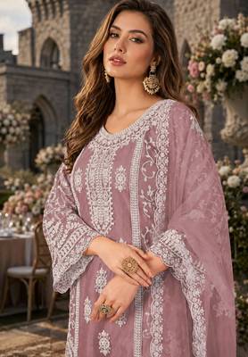 purple embroidered net semi stitched plazzo suit 2