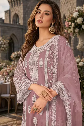purple embroidered net semi stitched plazzo suit