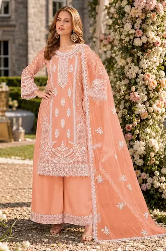 orange embroidered net semi stitched plazzo suit