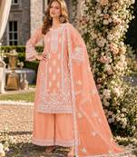 orange embroidered net semi stitched plazzo suit