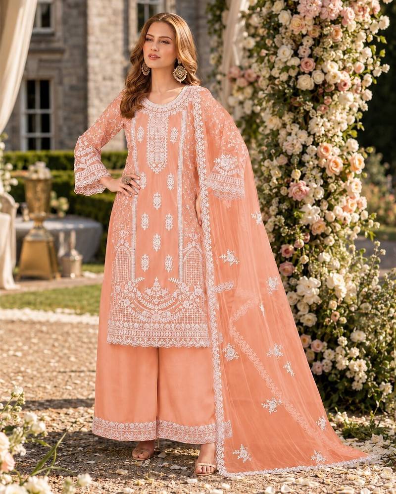 orange embroidered net semi stitched plazzo suit