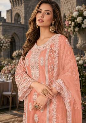 orange embroidered net semi stitched plazzo suit 2