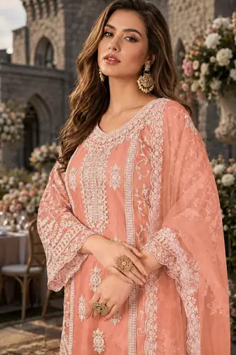 orange embroidered net semi stitched plazzo suit