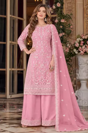 pink embroidered net semi stitched plazzo suit