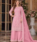 pink embroidered net semi stitched plazzo suit
