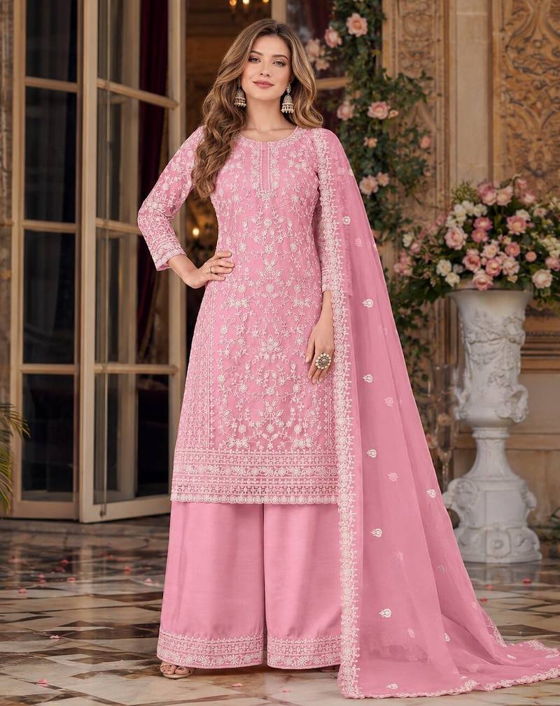 pink embroidered net semi stitched plazzo suit