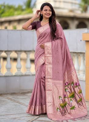 Pink cotton silk saree with colorful floral weaving pallu with blouse 5