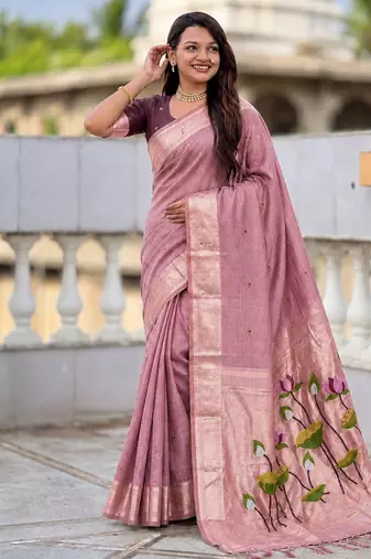 Pink cotton silk saree with colorful floral weaving pallu with blouse