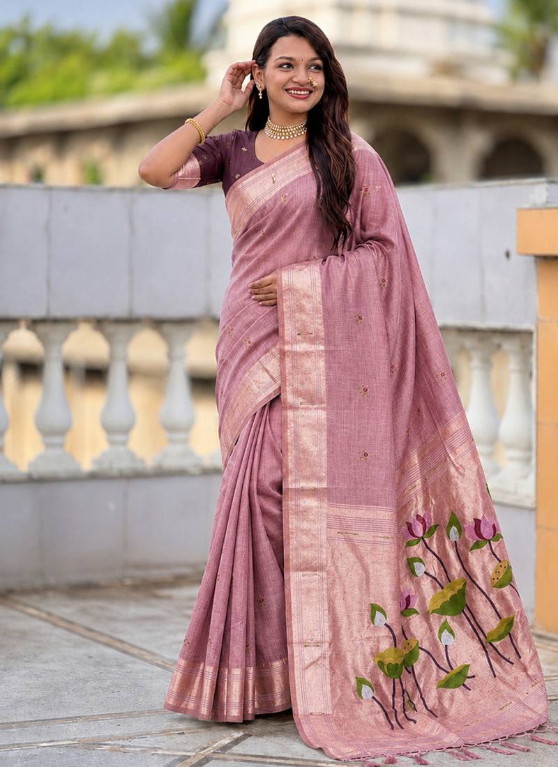 Pink cotton silk saree with colorful floral weaving pallu with blouse