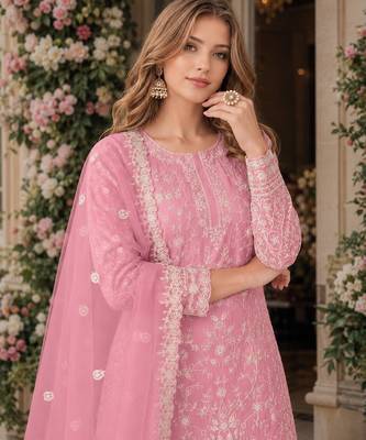 pink embroidered net semi stitched plazzo suit 2