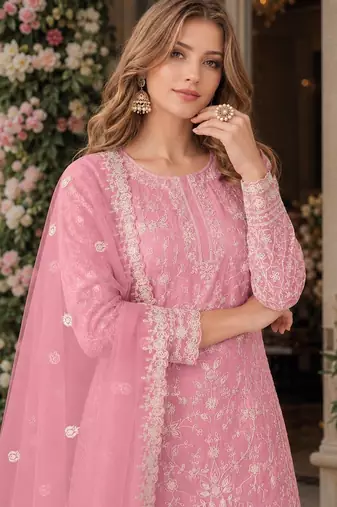 pink embroidered net semi stitched plazzo suit