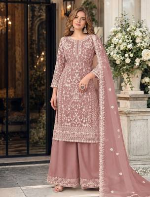 light brown embroidered net semi stitched plazzo suit 1