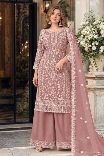 light brown embroidered net semi stitched plazzo suit